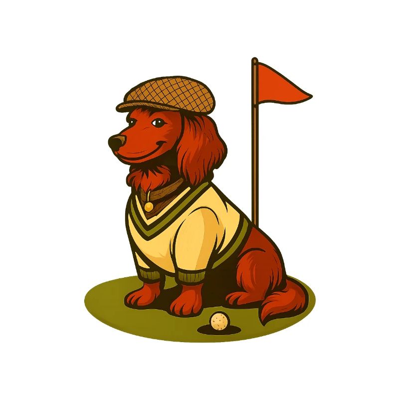 Teckel de golf en tenue rétro avec drapeau.