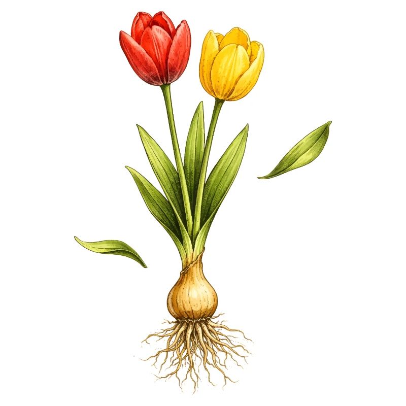 Two tulips with visible bulb and roots
