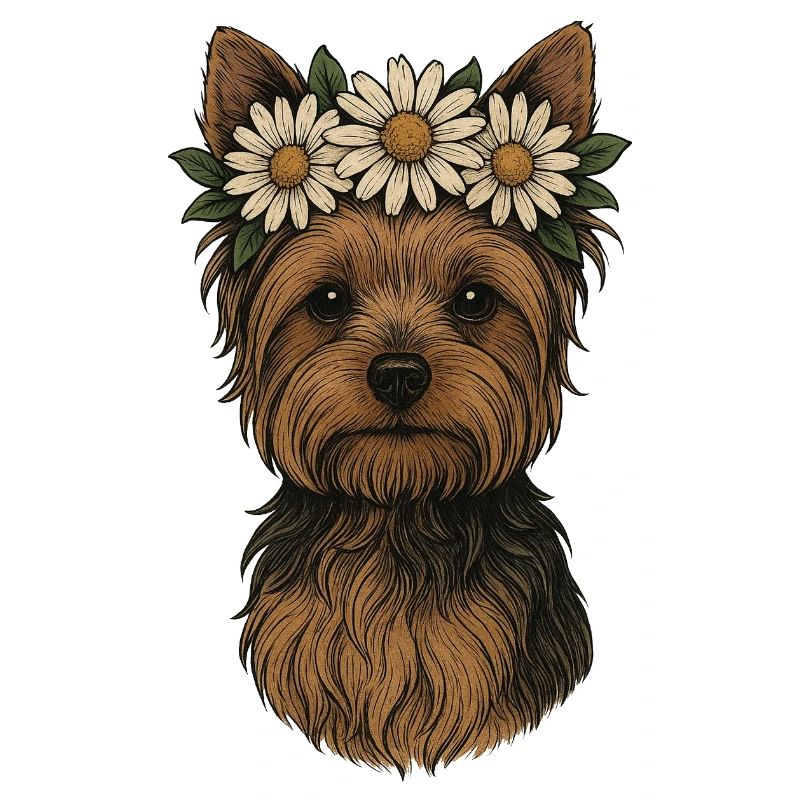 Yorkshire Terrier mit Gänseblümchenkrone