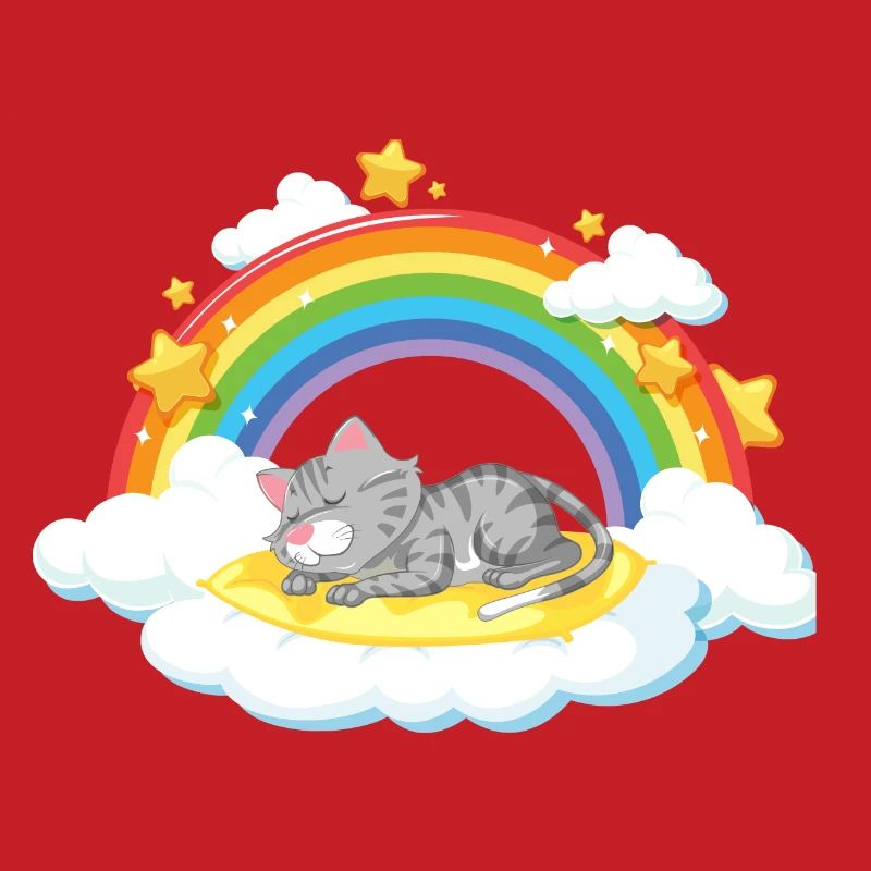 Dreaming Cat on Rainbow Cloud