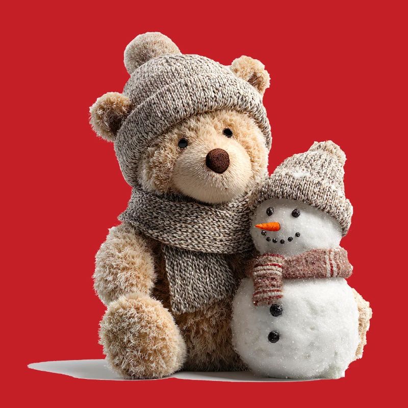 Winter cuddly bear with a snowman