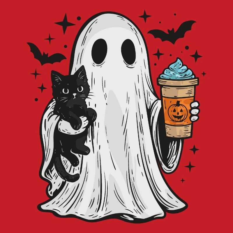 Halloween-Geist mit Katze und Kaffee