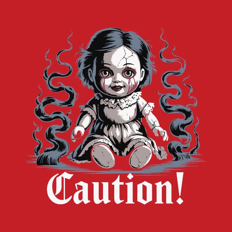 Creepy Doll with Caution Text