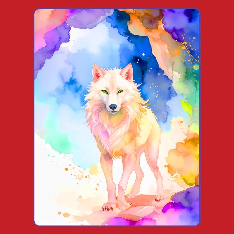 Loup blanc devant une grotte colorée
