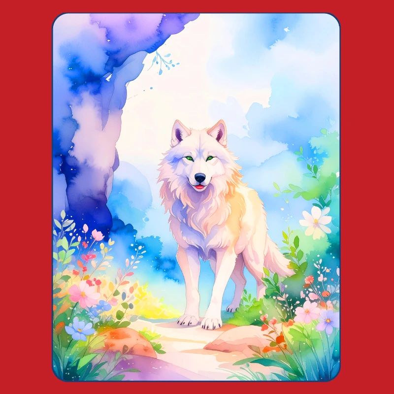 White wolf surrounded by flowers
