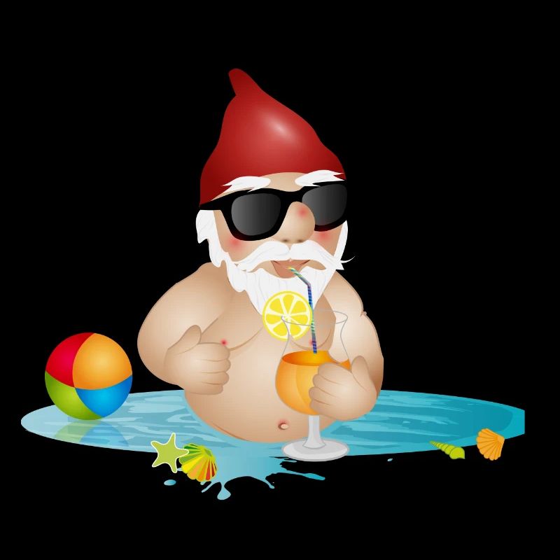 Gartenzwerg im Swimmingpool oder Meer und Getränk