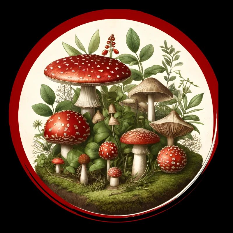 Detailed red toadstools on forest floor