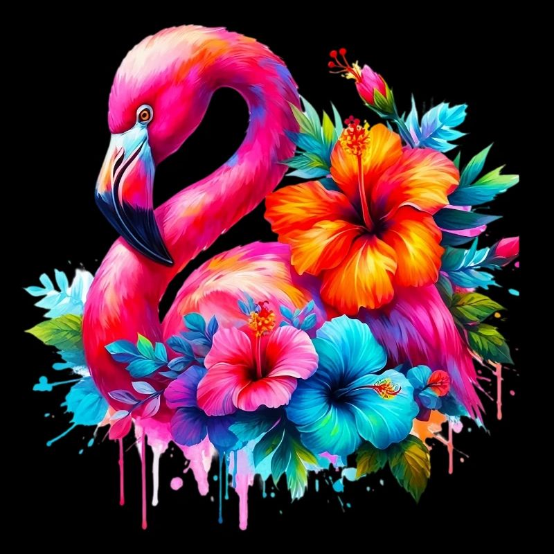 Flamant rose décoré de fleurs d’hibiscus
