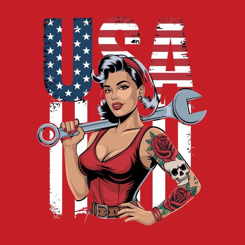 Femme forte avec une clé à molette devant le drapeau des États-Unis