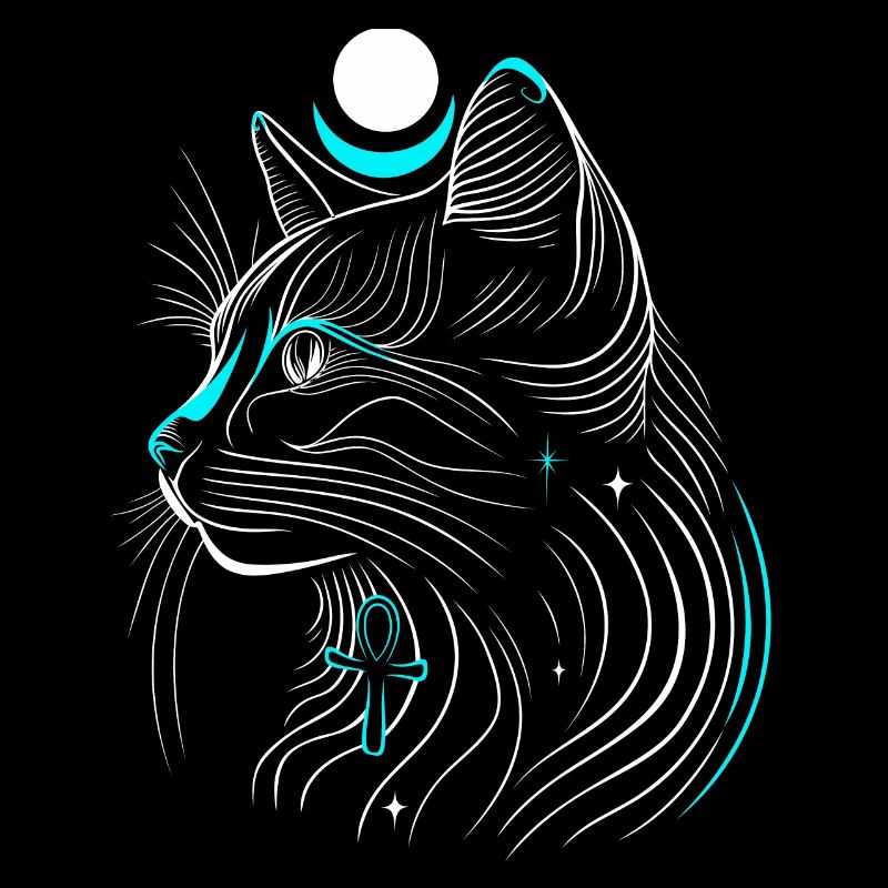 Minimalist Bastet Cat in Profile with Moon