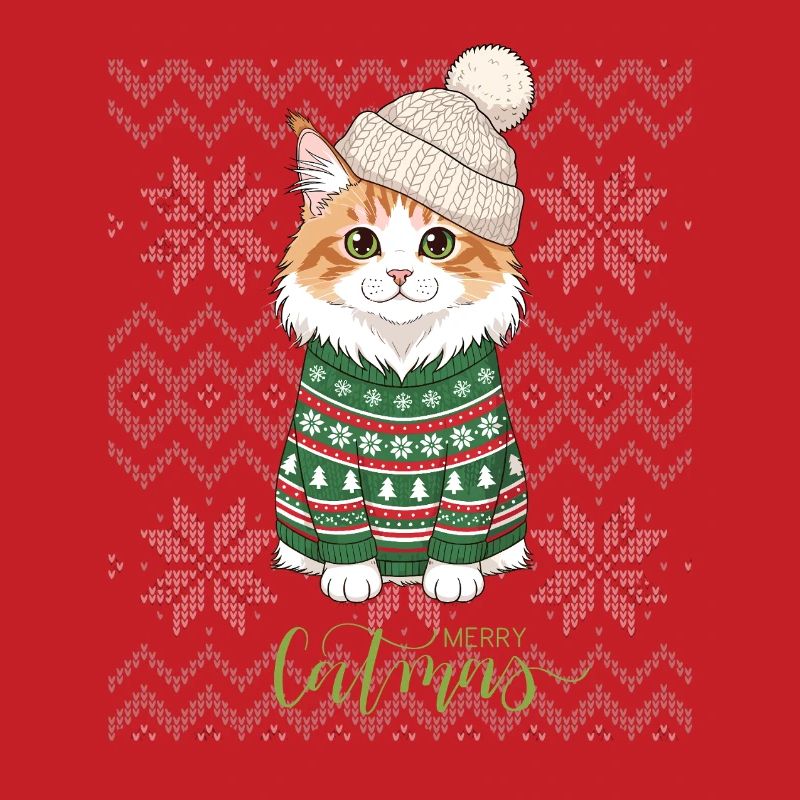 Chat Noël en pull vert et beige