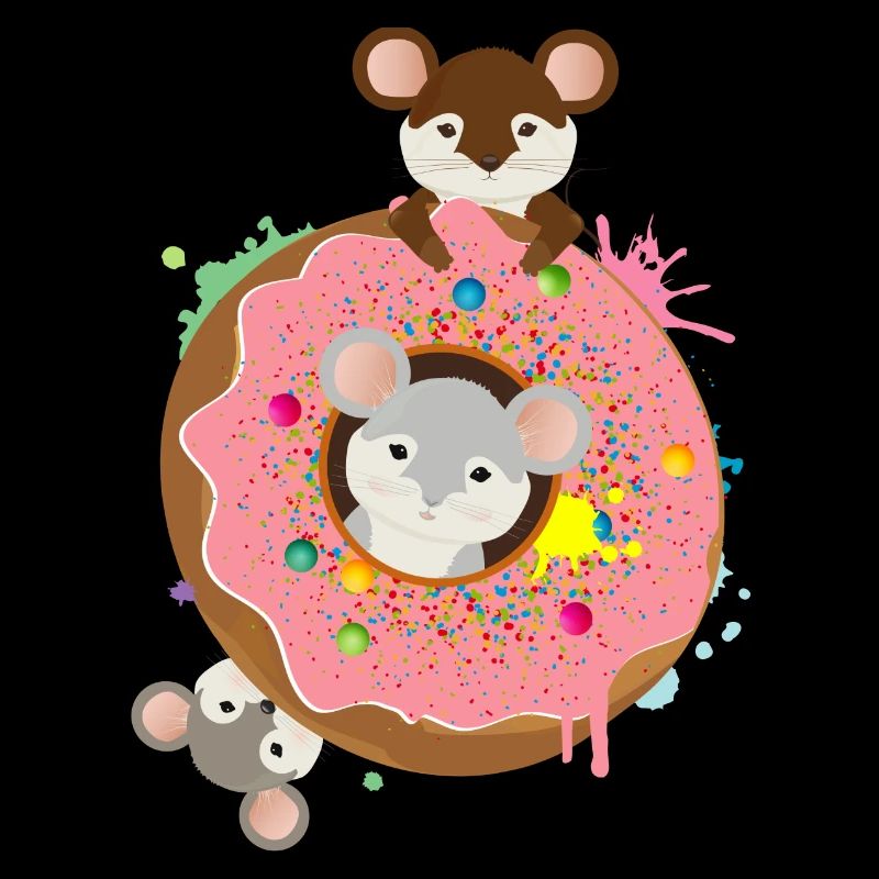 three cute mice and a donut with pink glaze