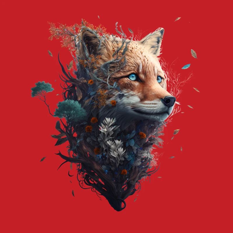 Abstract fox's head protruding from a forest