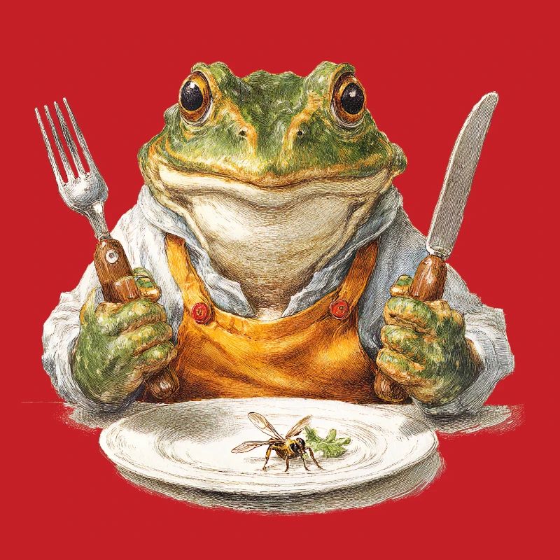 Frog chef with fork and knife
