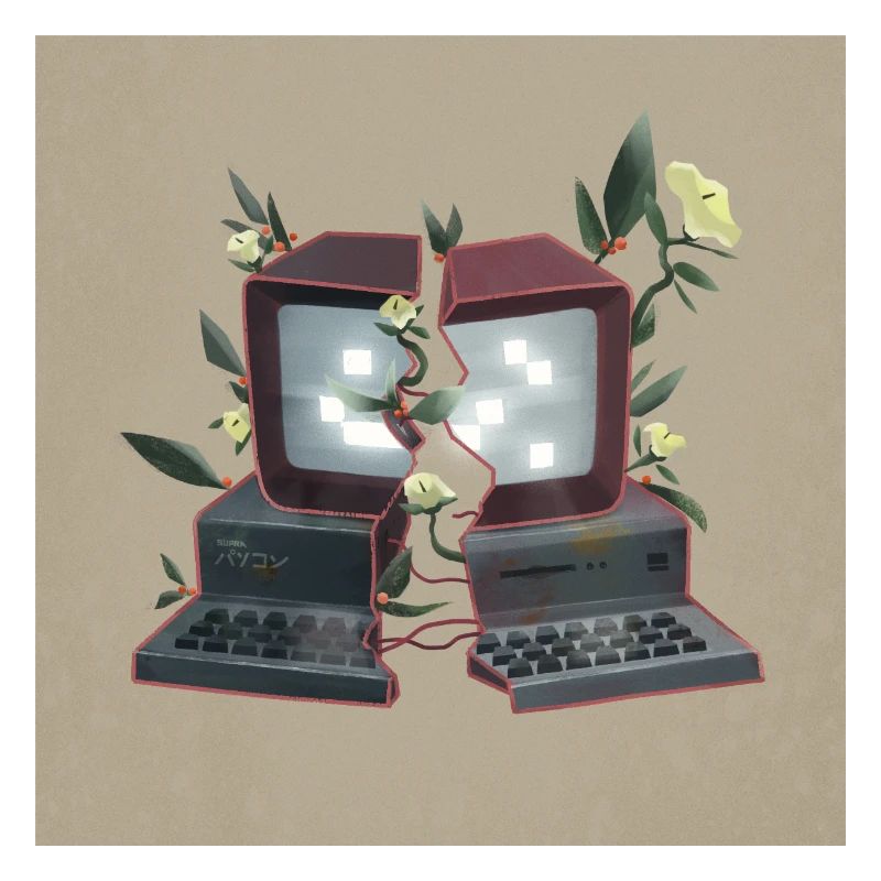 Computer with flowers - nature overwhelmed technique