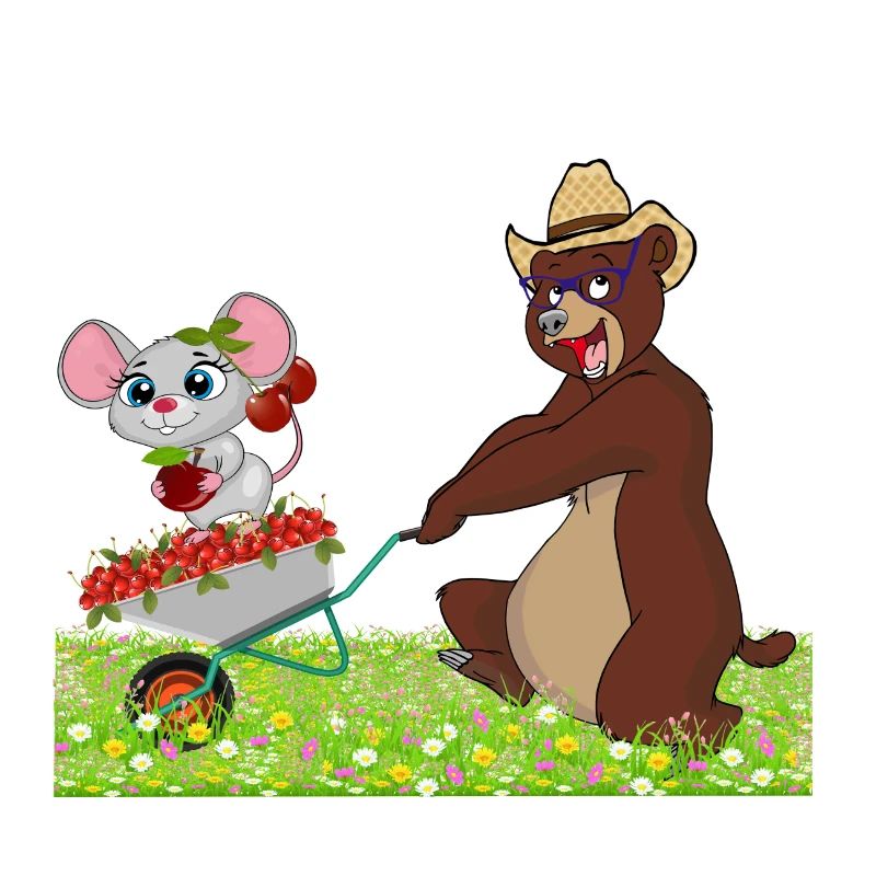 Funny bear with mouse on a wheelbarrow