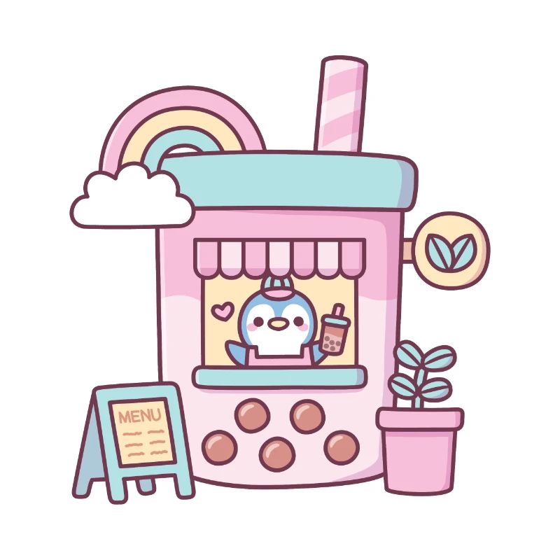 Cute Penguin Running Bubble Tea Cafe