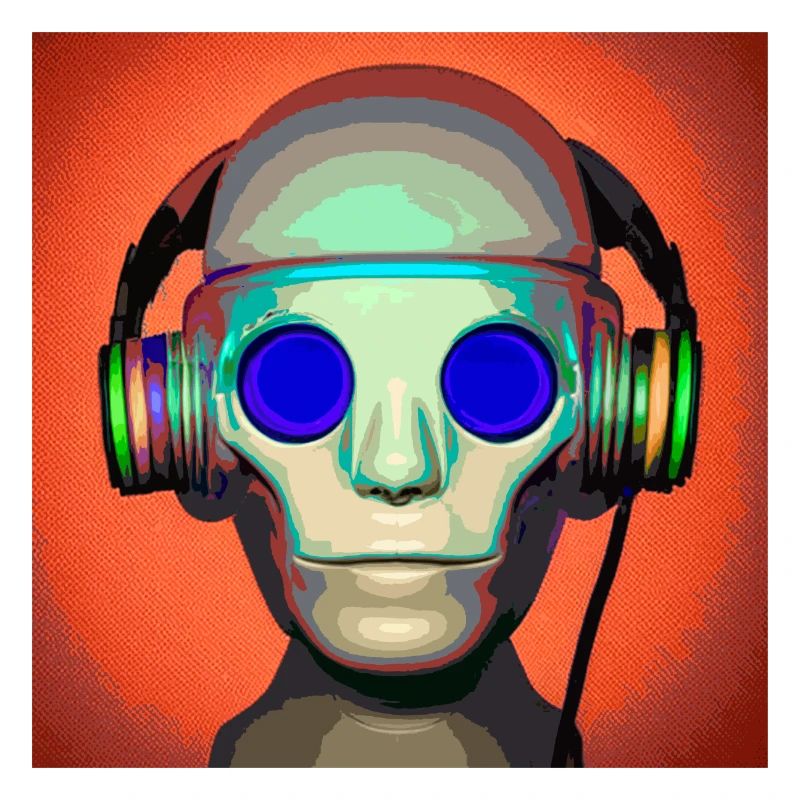 Buste d’un cyborg écoutant de la musique