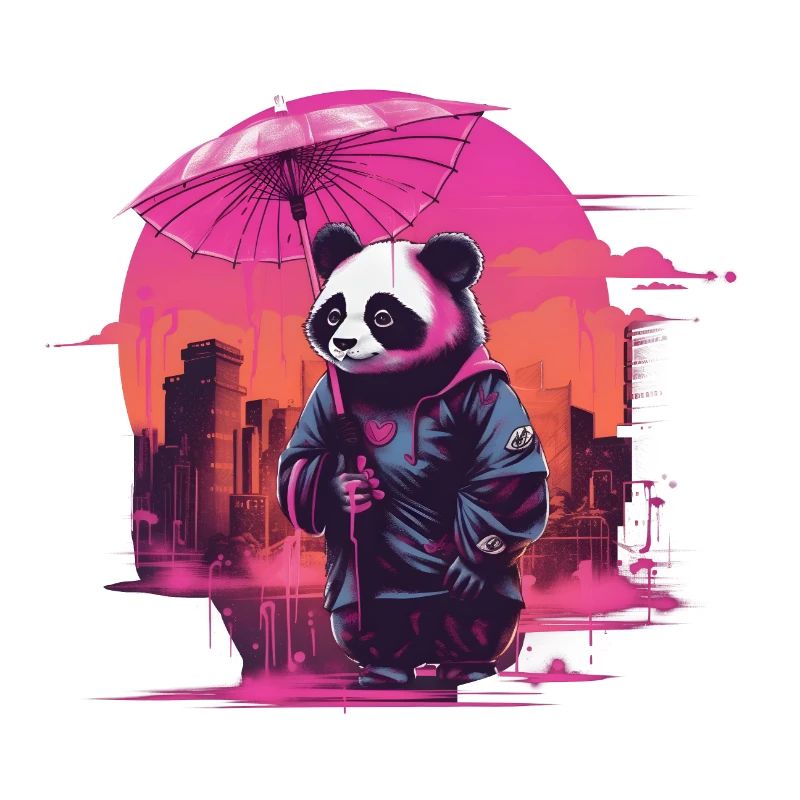 Synthwave Mignon Panda asiatique avec parapluie