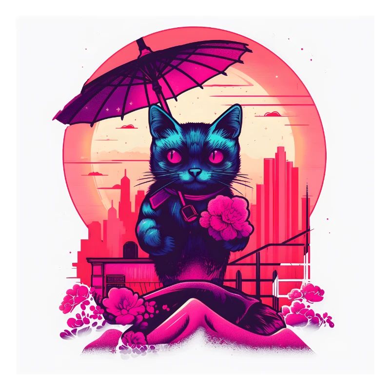 Synthwave japan Cat with umbrella