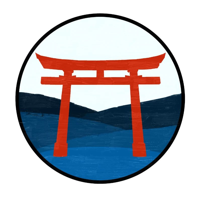 Red Torii Gate on Blue Hills - Digital Drawing