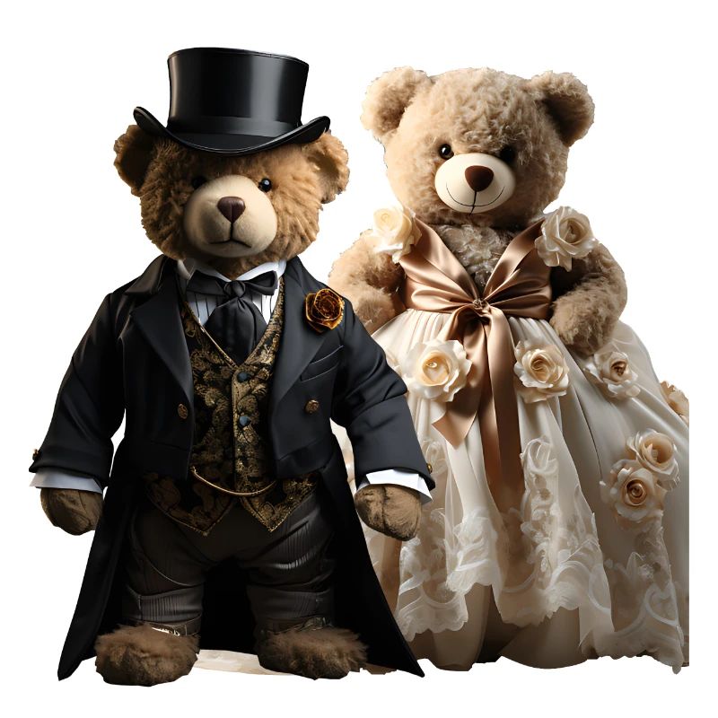 Two happy teddy bears in wedding clothes