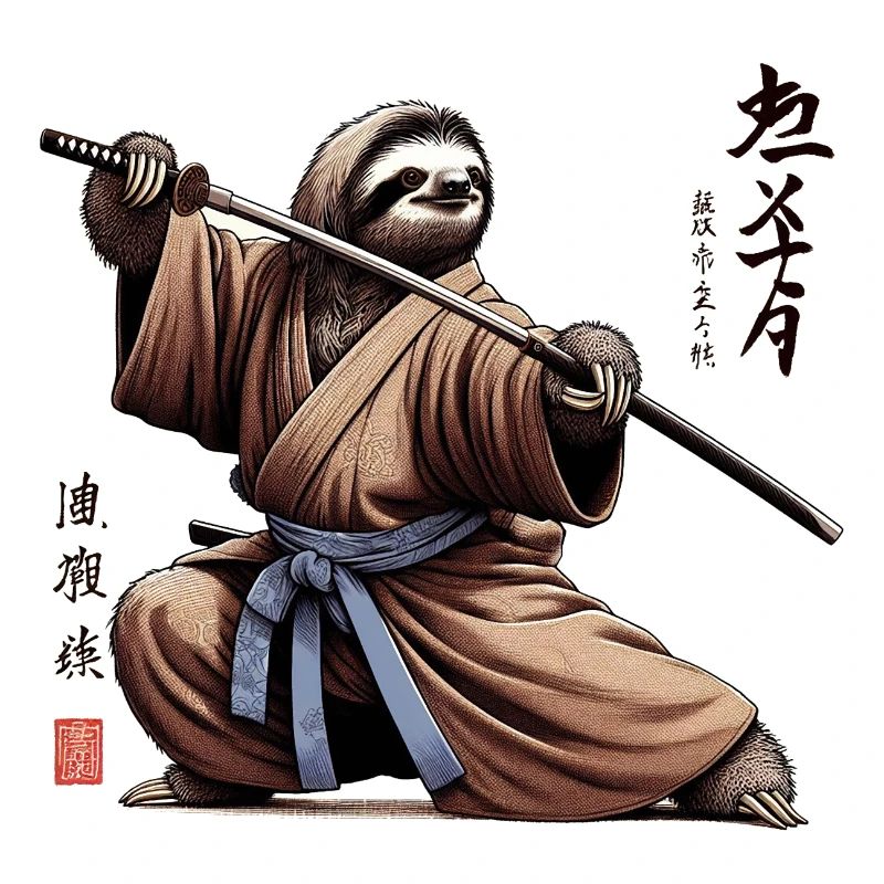 Sloth Samurai Retro Japanese Art Style