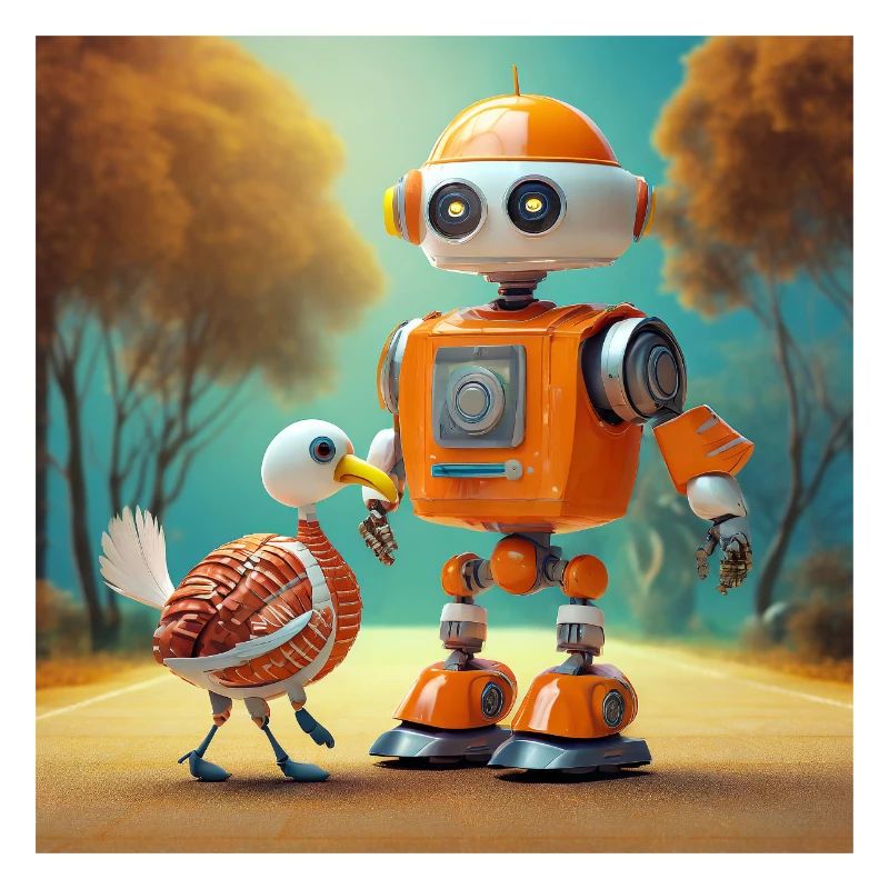 mignon petit robot se promène avec sa dinde extraterrestre