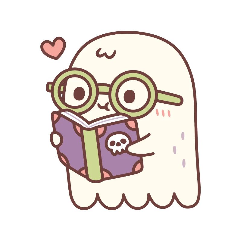 Cute Ghost Reading A Book With A Skull