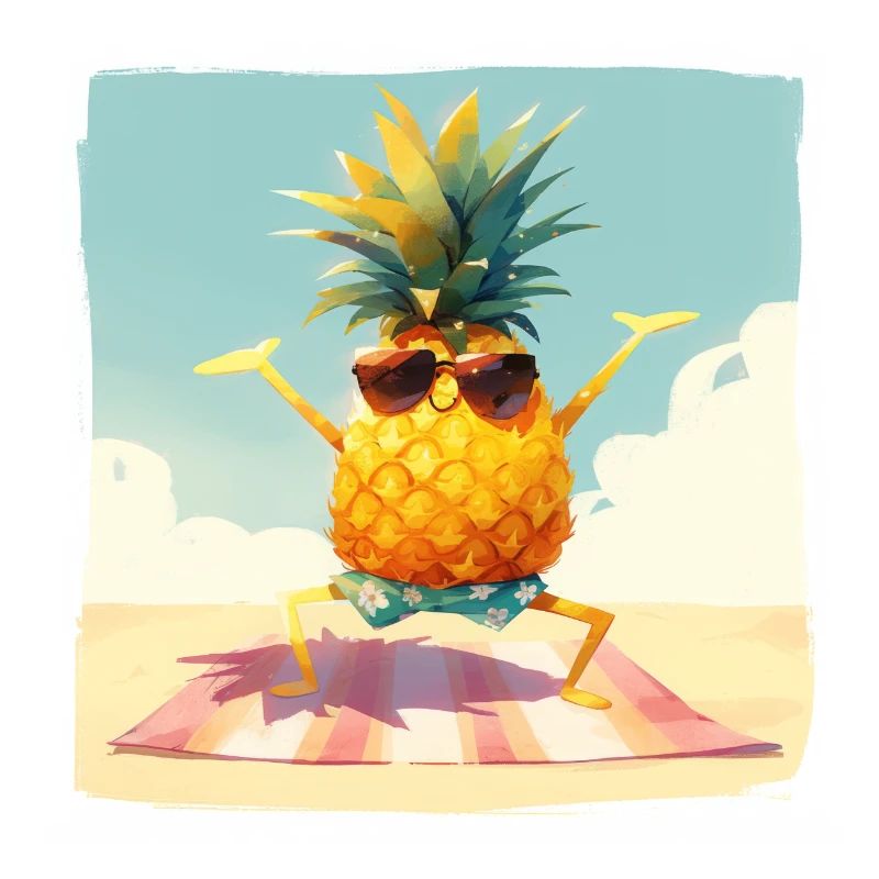 Drôle d’ananas dansant/faisant de l’exercice sur la plage
