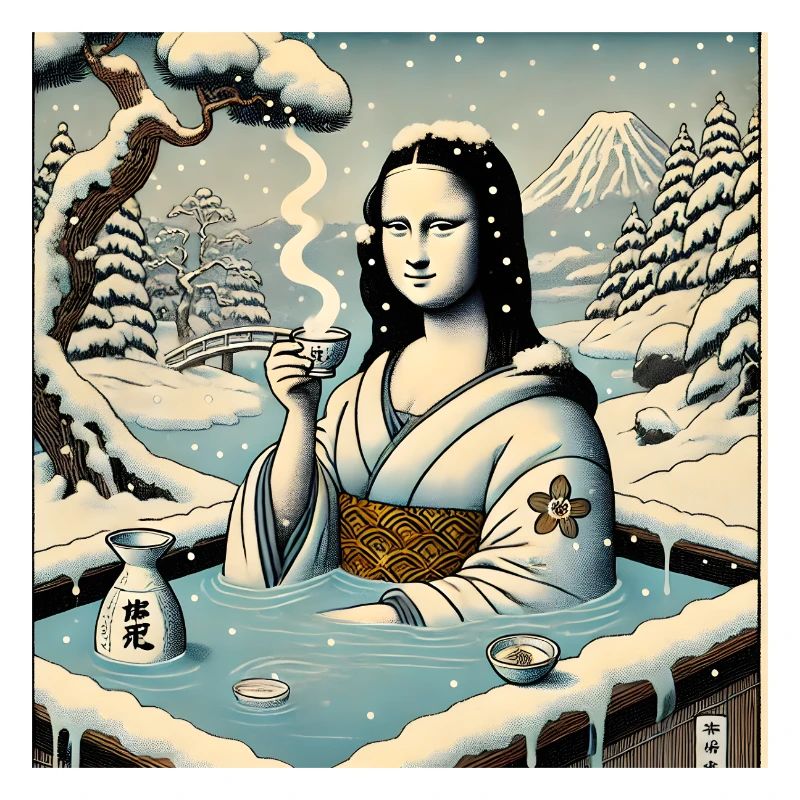 Mona Lisa drinking sake in onsen