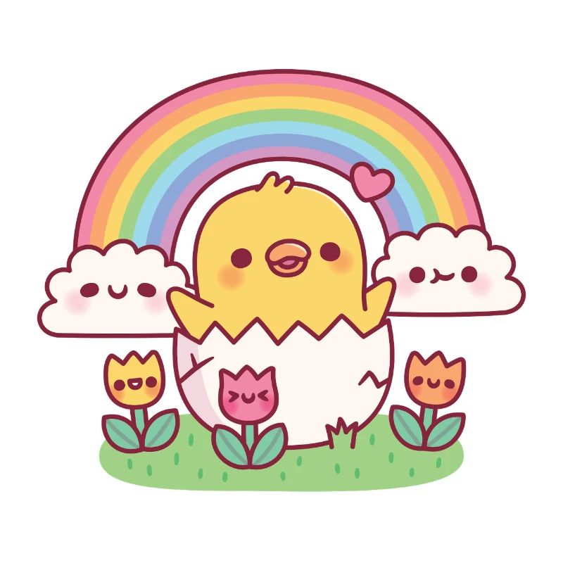 Cute Chick In Egg Tulips Clouds Rainbow Spring
