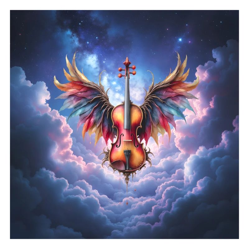 Winged Violin in Rainbow Clouds