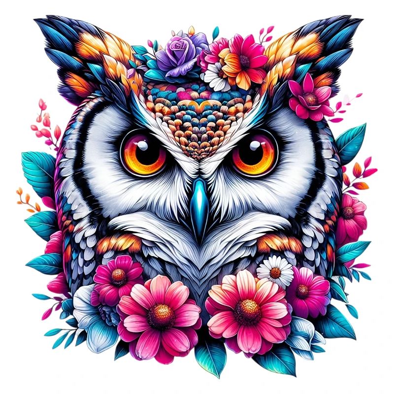 Eule mit Blumen geschmückt