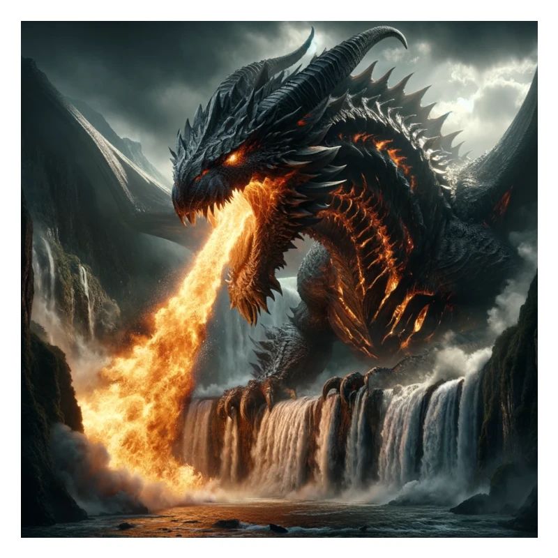 Feuerspeiender Drache im Wasserfall