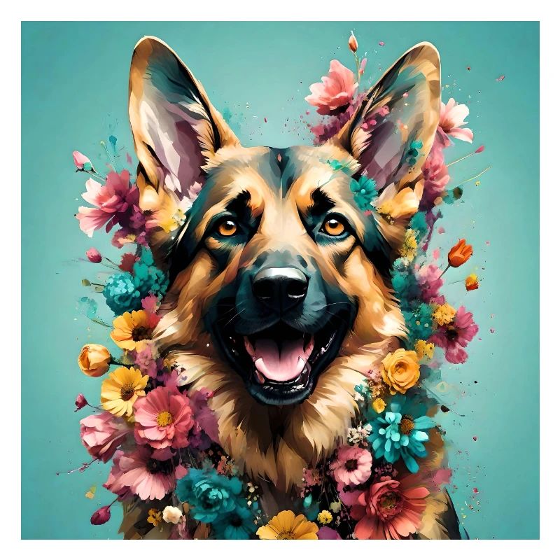 Plakat. Deutsche Schäferhunde, Blumen.