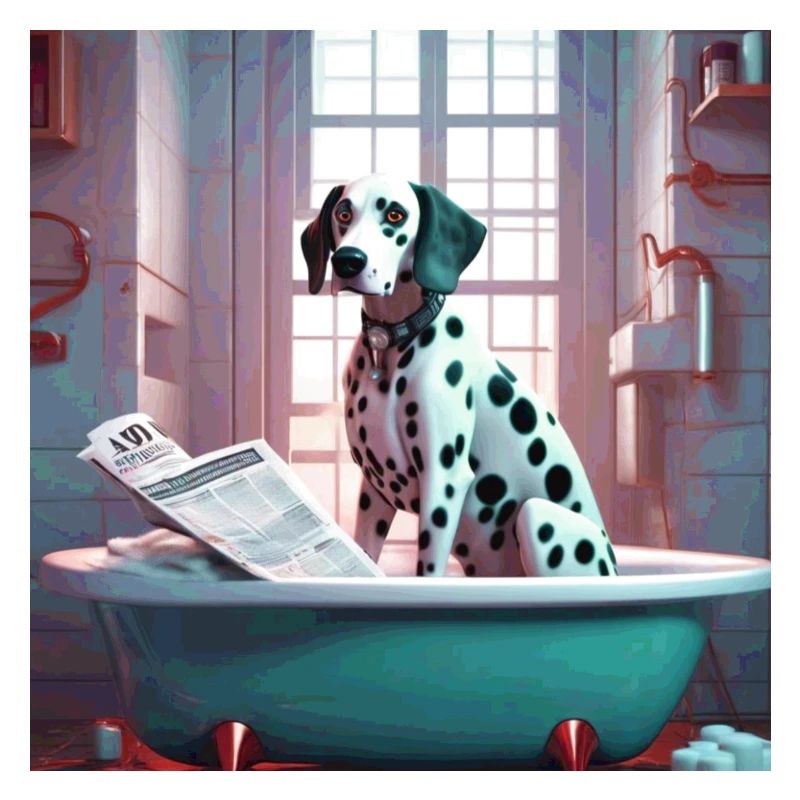 Dalmatien dans la baignoire, lecture du journal, rétro