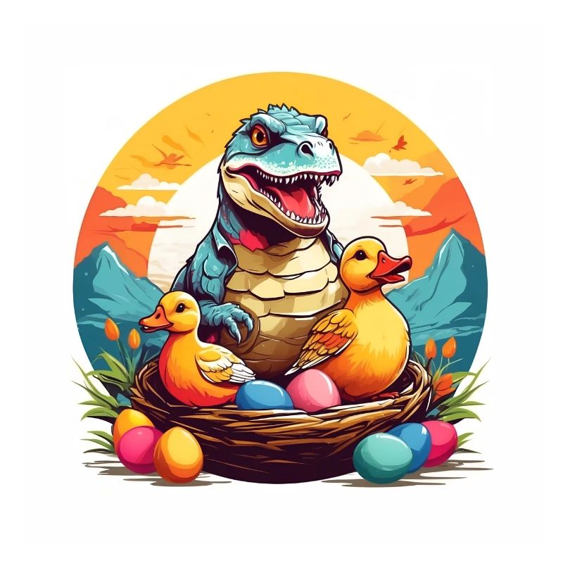 Little Dino in Easter Basket Dinobaby and Easter Eggs