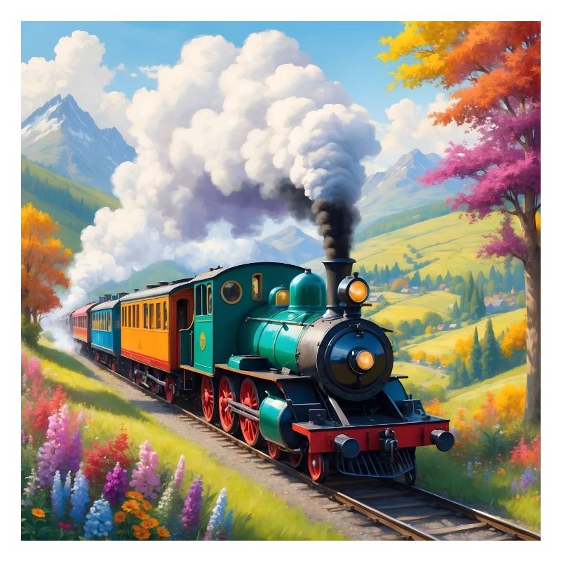 Bunte Eisenbahn mit qualmender Dampflok