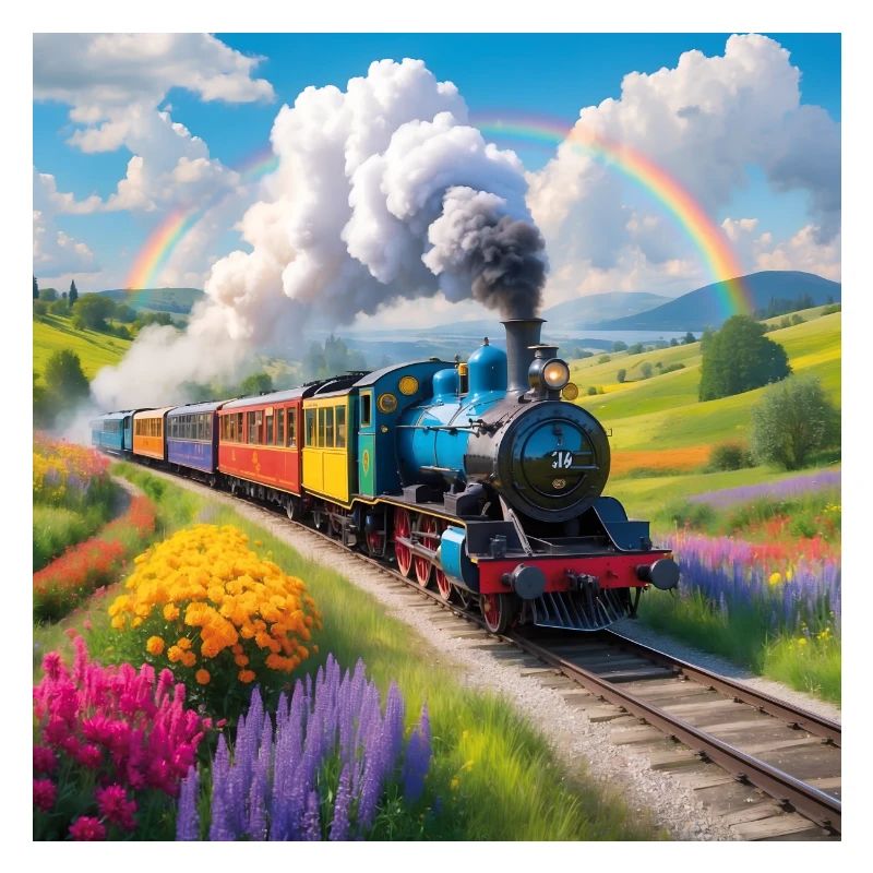 Bunte Eisenbahn mit qualmender Dampflok