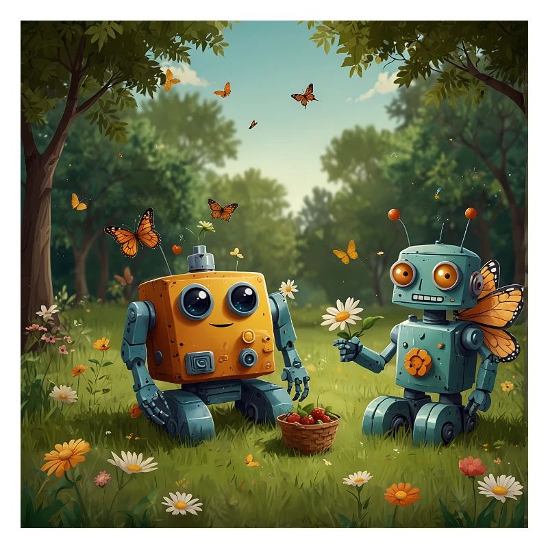 Deux petits robots dans une prairie fleurie