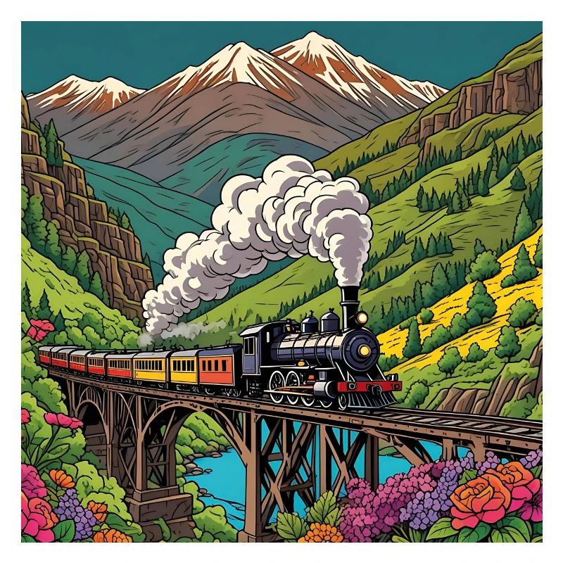Nostalgischer Eisenbahnzug mit Dampflok auf Brücke