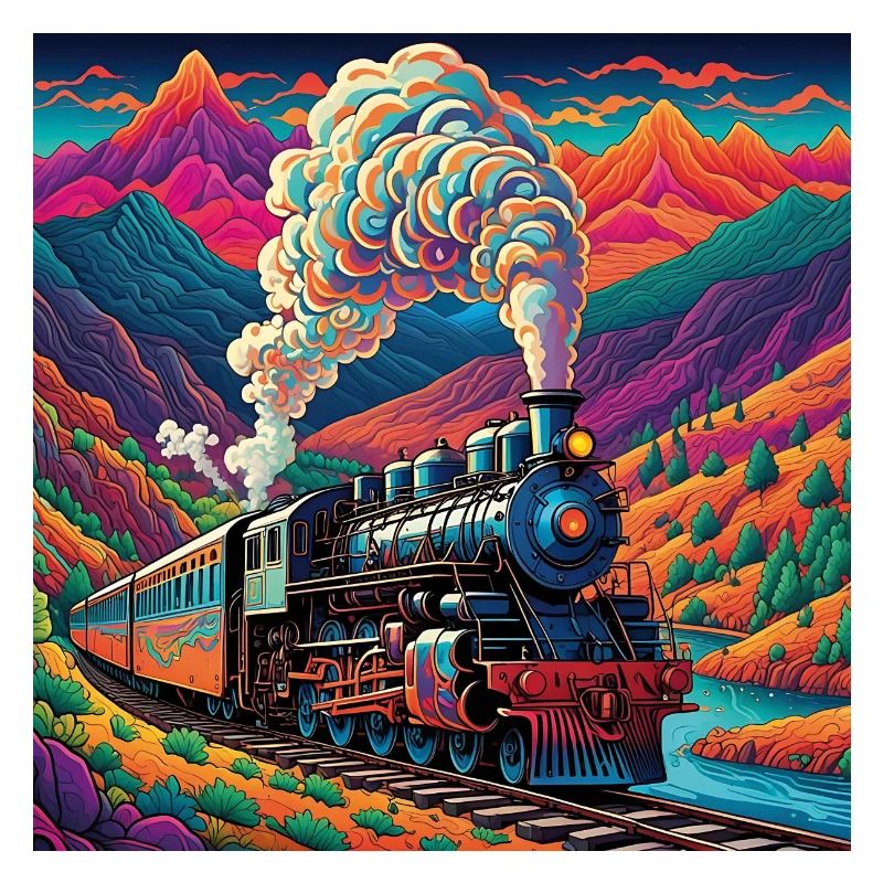 Bunter nostalgischer Eisenbahnzug mit Dampflok