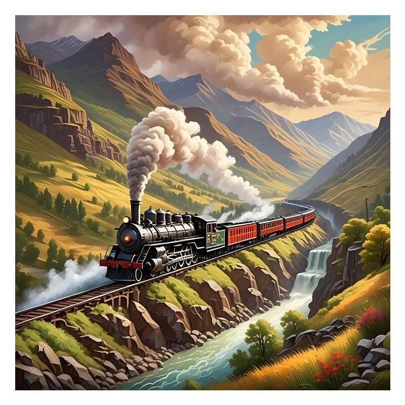 Bunter nostalgischer Eisenbahnzug mit Dampflok