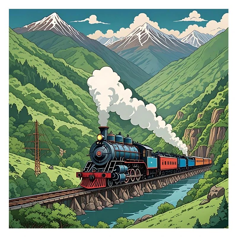 Bunter nostalgischer Eisenbahnzug mit Dampflok