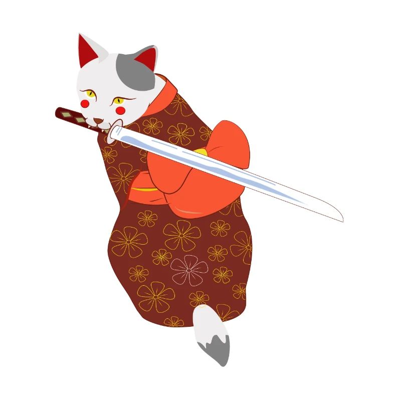 cat in kimono biting sword