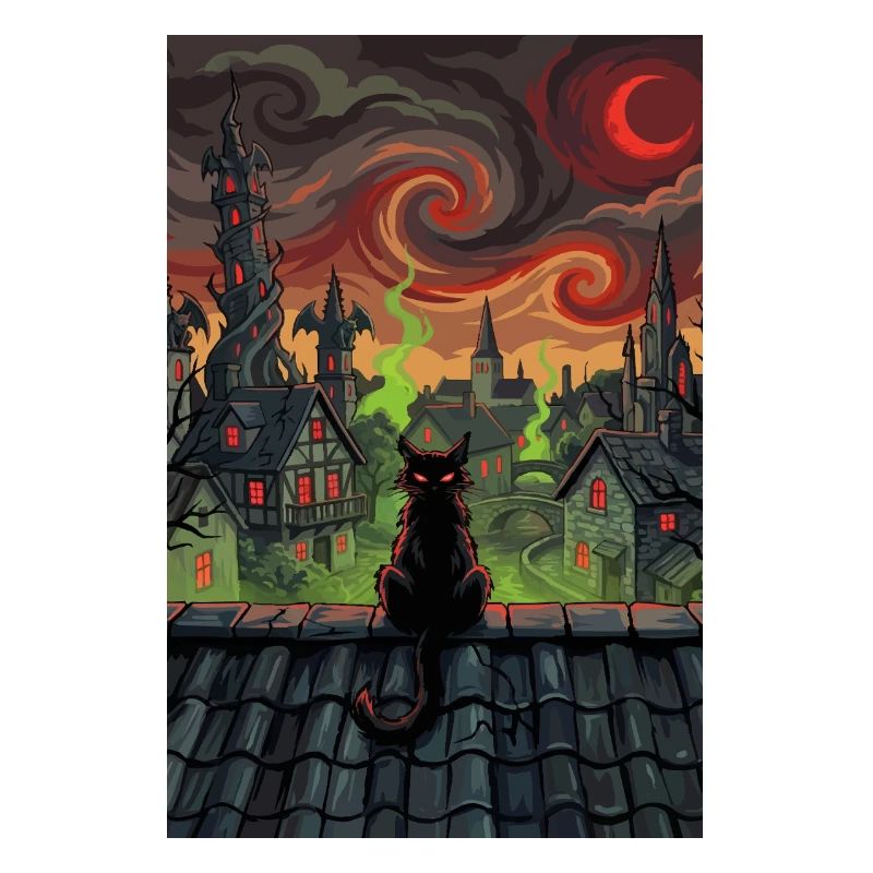 Midnight Rooftop Cat in Witch Town