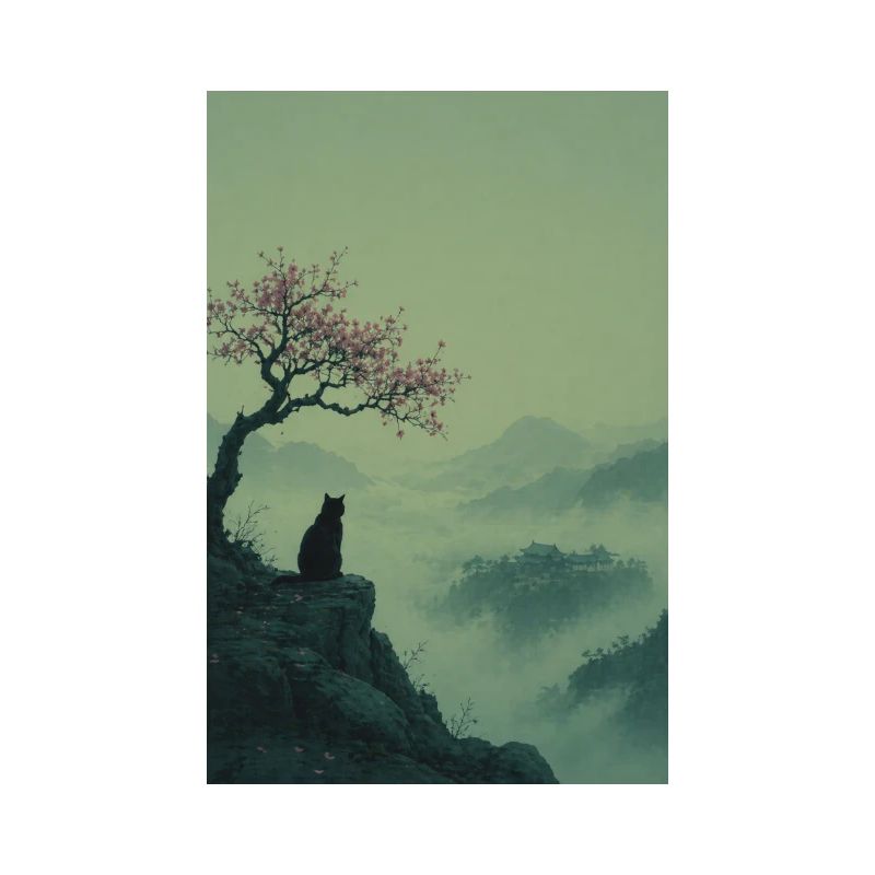 Black Cat at Sakura Tree – Asian Zen Design