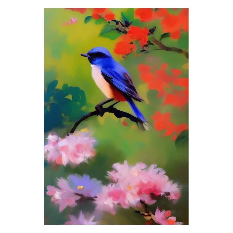 Oiseau sur branche avec fleurs
