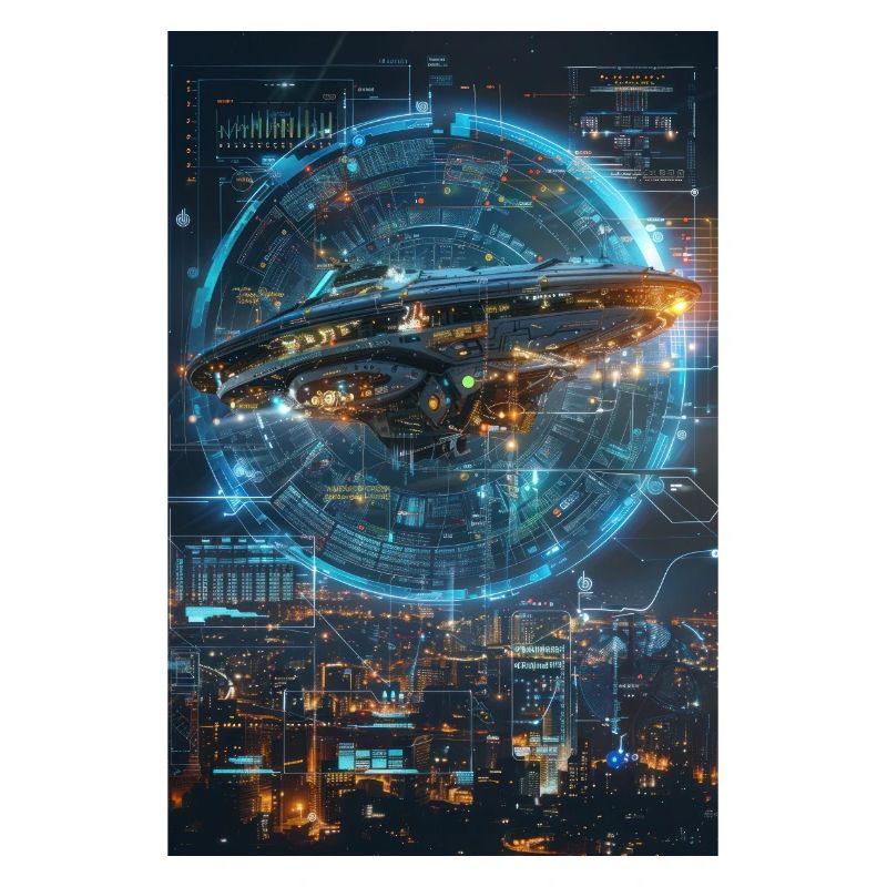 Futuristic Spaceship Over Sci-Fi Cityscape